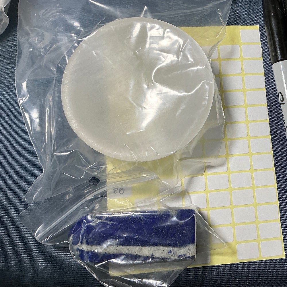 Selenite container & lapis lazuli tower